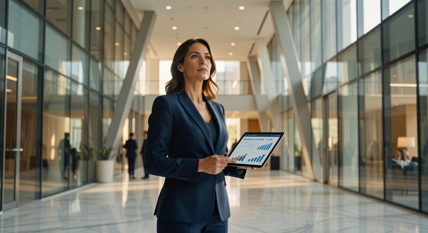 Businesswoman in tailored navy suit in modern glass office lobby holding tablet with dashboard