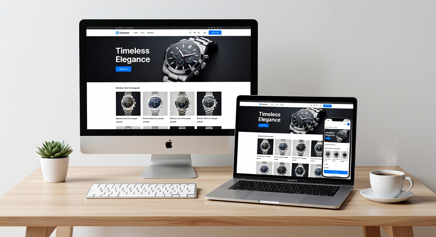 Responsive website design mockup on iMac, MacBook, and iPhone showing luxury e-commerce store