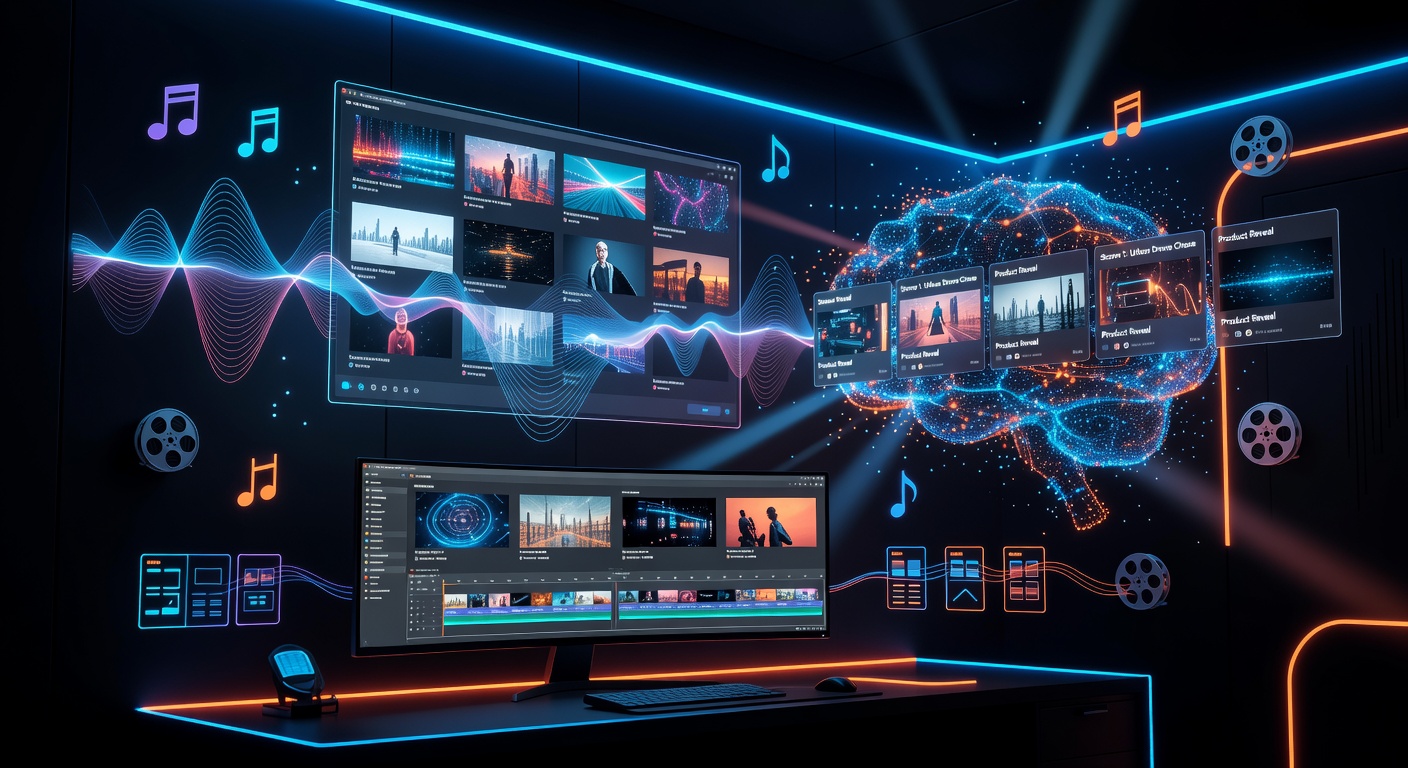 AI-powered content creation workspace with video generation, music production, and ad creation interfaces