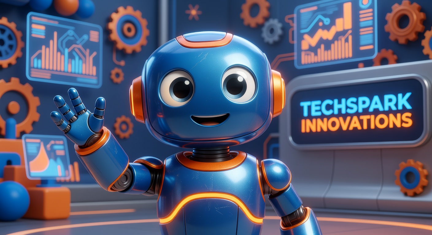 Pixar-style 3D animated robot mascot character with orange accents