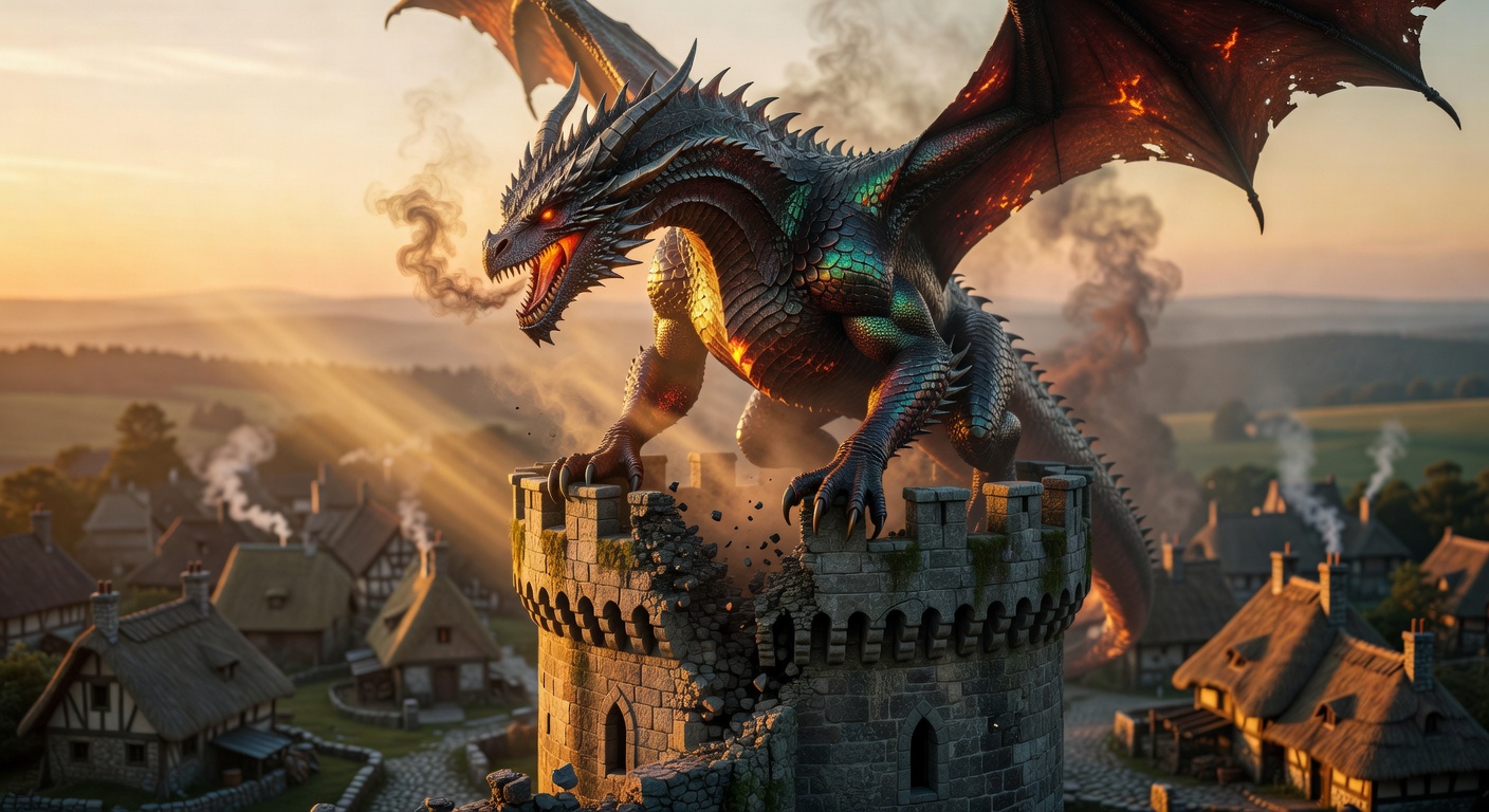 Photorealistic cinematic dragon perched on medieval castle tower at golden hour with volumetric lighting