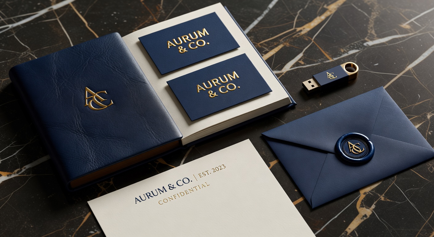 Luxury brand identity suite with navy leather brand book, gold foil business cards, wax-sealed envelope on dark marble